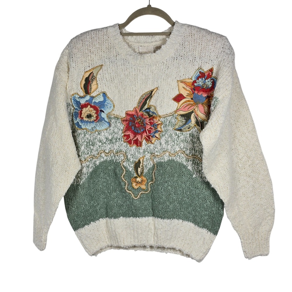 VTG 1990s Needles and Yarn Floral Embellished Knit‎ Sweater White Woman Large